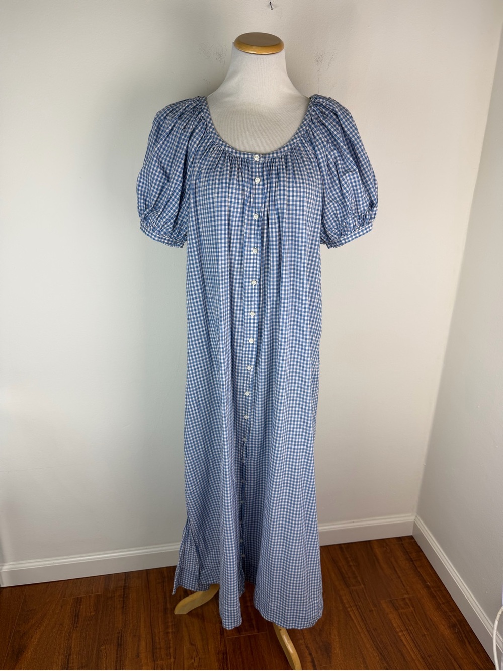 Doen Juno Button Down Midi Dress Blue Plaid Organic Cotton Size XS